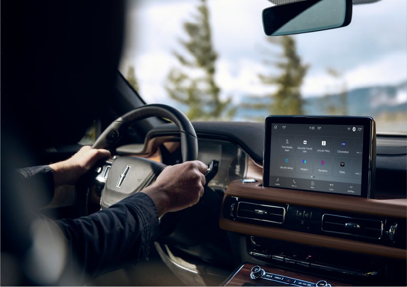 The Lincoln+Alexa app screen is displayed in the center screen of a 2023 Lincoln Aviator® Grand Touring SUV | Sentry Lincoln in Medford MA