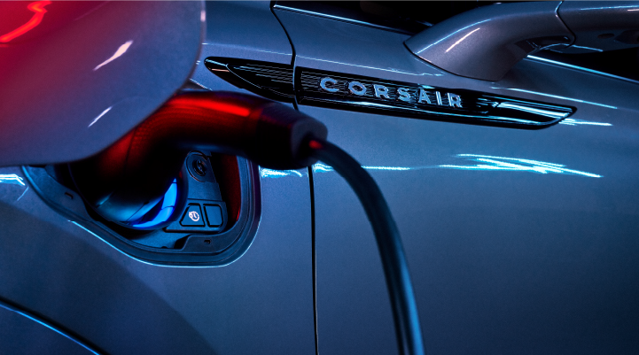 A charger plugged into the charging port of a 2025 Lincoln Corsair® Plug-in Hybrid model. | Sentry Lincoln in Medford MA