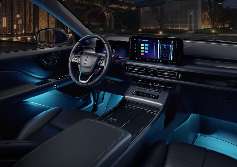 Deep blue ambient lighting glows from various places within a 2026 Lincoln Aviator® SUV. | Sentry Lincoln in Medford MA